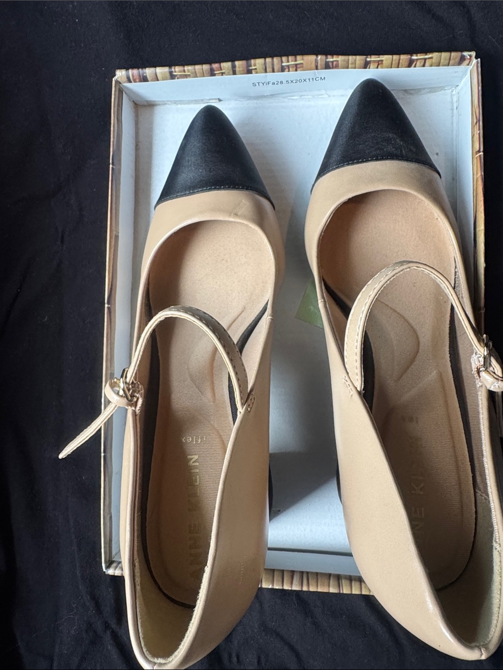Anne Klein Beige and Black Pointed Toe Slingback Heels